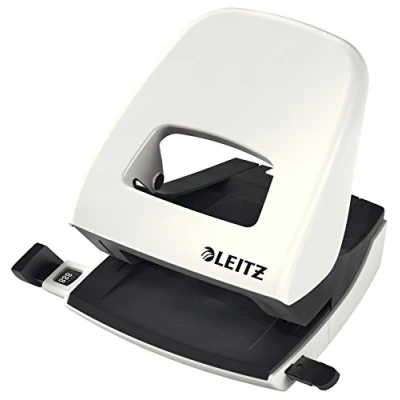 Abbildung von Leitz Büro Locher aus Metall, Für 30 Blatt, Anschlagschiene mit Formatvorgaben, Ergonomisches Design, Weiß, WOW Serie, 50082001