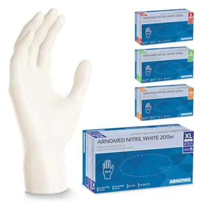 Abbildung von 200x ARNOMED Einweghandschuhe Weiß, Einmalhandschuhe XL, Handschuhe Einweg, Gummihandschuhe puderfrei, latexfreie Nitrilhandschuhe in S, M, L &amp; Putzhandschuhe, Koch /Küchen