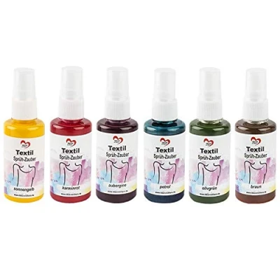 Abbildung von Ideen mit Herz Textil Sprühfarbe, 6x 50ml, 6 Farben höchster Brillanz für helle Textilien Auf Wasserbasis (Sprüh Zauber 3 sonnengelb, karminrot, aubergine, petrol, olivgrün, braun)