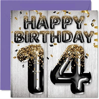 Abbildung von Geburtstagskarte zum 14. Geburtstag für Jungen schwarze und goldene Glitzerballons Happy Karten 14 Jahre alten Sohn Bruder Enkel Cousin, 145 mm x vierzehnte Grußkarten Geschenk