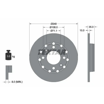 Abbildung von TEXTAR 92325803 Bremsscheibe 249 10 04/06 108 voll beschichtet ohne Radbefestigungsbolzen, Radnabe PEUGEOT: 2008 II, 208 II Hatchback