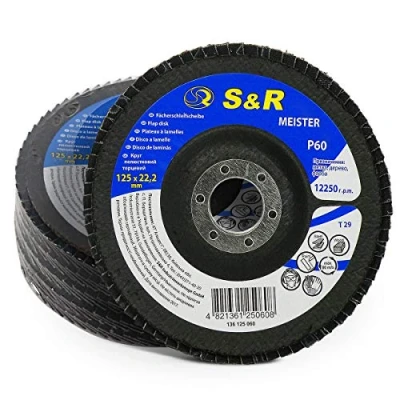 Abbildung von S&amp;R Fächerschleifscheiben Set 5 teilig für Winkelschleifer Körnung 60, 125 x 22,2 mm, Schleifscheiben, Lamellenscheiben, Schruppscheiben, Fächerscheiben, zum schleifen von Holz, Metall, Stahl