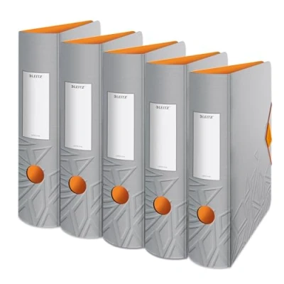Abbildung von Leitz Qualitäts Ordner 180 Active, 5er Pack, A4, breit, Abgerundeter Rücken, 8,2 cm Gummibandverschluss, Leichtes Polyfoam, Plastik Ordner, Urban Chic Serie, Grau, 11160088