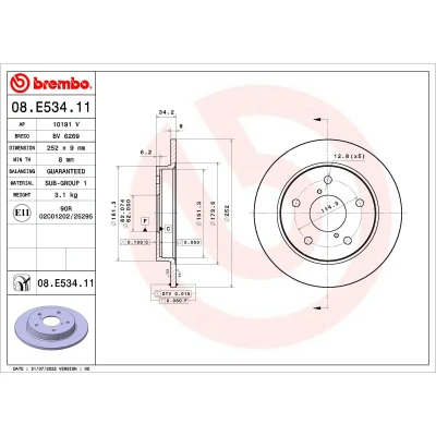 Abbildung von BREMBO 08.E534.11 Bremsscheibe 252 9 5 voll beschichtet SUZUKI: SWIFT