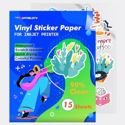 Abbildung von Bedruckbares Vinyl für Tintenstrahldrucker A4 [85% transparent] 15 Blatt, transparentes und wasserabweisendes Aufkleberpapier Cricut, selbstklebende Aufkleber, DIY Produktetiketten