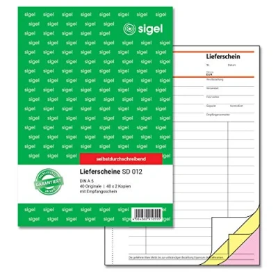 Abbildung von SIGEL SD012 Lieferscheine A5, 3x40 Blatt, selbstdurchschreibend, 1 Stück, aus nachhaltigem Papier