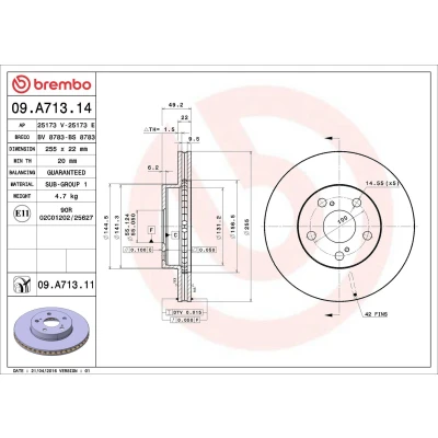 Abbildung von BREMBO COATED DISC LINE 09.A713.11 Bremsscheibe 255 22 5 innenbelüftet beschichtet TOYOTA: Prius II Liftback