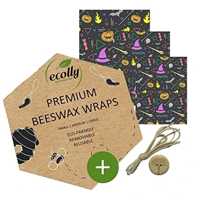 Abbildung von ecolly Bienenwachstücher 3er Set (S, M, L), Bienenwachspapier, Beeswax Wrap, Plastikfrei &amp; wiederverwendbar, OHNE Jojobaöl, inklusive Knopf Baumwollfaden Halloween