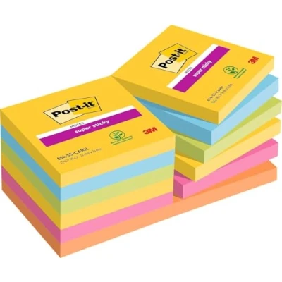 Abbildung von Post it Super Sticky Notes Carnival Collection, Vorteilspackung mit 12 Blöcken, 90 Blatt pro Block, 76 mm x mm, Gelb, Blau. Grün, Pink. Orange Extra stark klebende Notizzettel