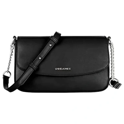 Abbildung von David Jones Kleine Umhängetasche Damen Crossbody Bag PU Leder Frau Kette Schultertasche Rechteckige Tasche Abendtasche Handy Handtasche Clutch Kettentasche Elegant Reise Party Schwarz