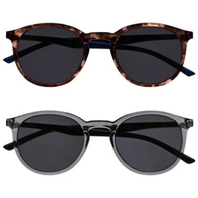Abbildung von OPULIZE Met Sonnen Leser Brille 2er Pack Schlank Runder Rahmen Federscharniere Kratzfeste Getönte Linse UV400 Schutz Braun Transparent Grau Herren Damen SS60 27 +1.00
