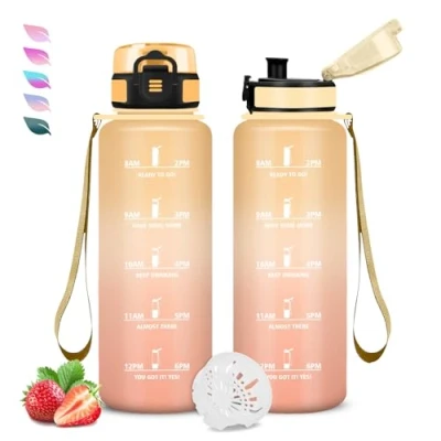 Abbildung von Trinkflasche 1.5l, Wasserflasche Sport, Auslaufsicher, mit Filter und Zeitmarkierung, Kohlensäure Geeignet, Leicht zu Reinigen, für Fitness, Fahhrad, Schule, Running, Büro