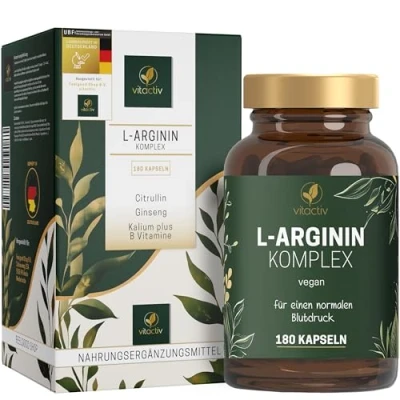 Abbildung von VITACTIV Arginin Komplex L Kapseln Hochdosiert Mit Citrullin, Ginseng, Kalium plus B Vitamine für Blutdruck &amp; Blutbildung Vegan, Zuckerfrei Laborgeprüft, 180