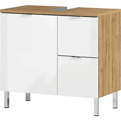 Abbildung von Germania WB Unterschrank 8529 552 GW MAURESA, in Grandson Eiche Nachbildung/weiß, Fronten Hochglanz, Zwei Schubkästen, Oberboden mit Aussparung für Siphon, 60x56x34 cm (BxHxT)