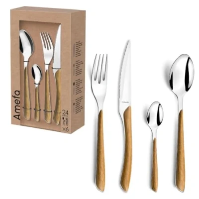 Abbildung von Amefa ECLAT Besteck Set NATURE Braun Holz Essbesteck 24 teilig für 6 Personen Edelstahl rostfrei Kunststoff Griffschalen in Holzoptik spülmaschinenfest