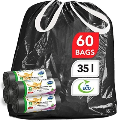 Abbildung von Stella Bio Müllbeutel 35 L 60 Stück Umweltfreundlich und recycelbar Mülltüten aus Kunststoffabfällen Ultra starke flexible Müllsäcke Farbe Schwarz mit Zugband Kordelzug