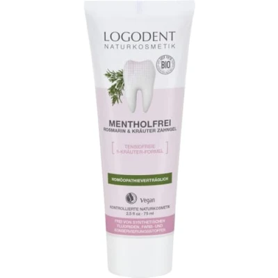 Abbildung von LOGODENT Naturkosmetik MENTHOLFREI Rosmarin Zahngel, 5 Kräuter Formel wirkt gegen Entzündungen, Pflegt das Zahnfleisch, Frei von synthetischen Fluoridzusätzen, Vegan, 1x75ml
