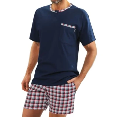 Abbildung von sesto senso Herren Schlafanzug Kurz Pyjama Baumwolle Kurzarm T Shirt Pyjamahose Zweiteilig Set Navy blau M Jasiek Granat
