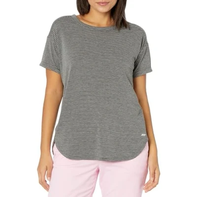 Abbildung von Amazon Essentials Damen Leichtes Fitness T Shirt mit Rundhalsausschnitt und lockerer Passform (in Übergröße erhältlich), Dunkelgrau Meliert Streifen, L