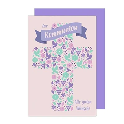 Abbildung von Edition Seidel Premium Glückwunschkarte zur Kommunion mit Umschlag. Eine einzelne Karte Kommunionskarte Grusskarte Blüten Tauben Kreuz Junge Mädchen (KO261 SW022)
