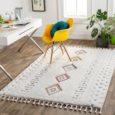 Abbildung von Surya Funafuti Teppich Schlafzimmer, Wohnzimmer, Esszimmer, Flur Moderne Boho Geometrisches Muster Weicher Skandinavisch Wohnzimmerteppich Weiß, Aqua, Orange, Grau 160x213cm Groß