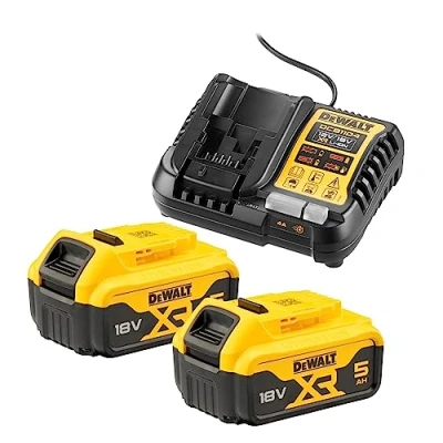 Abbildung von Dewalt 18 Volt / 5.0 Ah Akku Starter Kit DCB1104P2 (bestehend aus 2x Akkus (DCB184 XJ) &amp; 1x System Schnellladegerät (DCB1104 QW), mit Ladzustandsanzeige, passend für alle XR Maschinen)