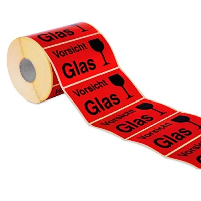 Abbildung von Etiketten Aufkleber Vorsicht Glas rot 1000 Stück extra groß 145x76mm Warnetikett auf Rolle 597101 Menge wählbar