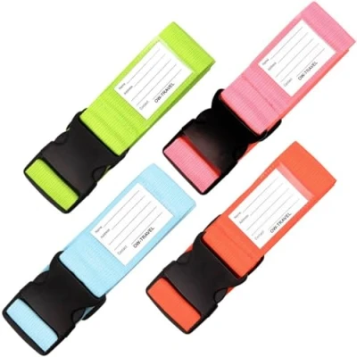 Abbildung von OW Travel Kofferband Gurt Schwerlast Personalisierter Koffergurt mit Adressschild: Luggage Strap Koffer Gurte Gepäckgurt Band Koffergurte farbig 4 Stück