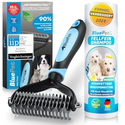 Abbildung von BluePet UnterwollToll + Hundeshampoo Hundebürste &amp; Katzenbürste für langhaar Unterwollkamm entfernt Unterwolle Verfilzungen Bessere Kämmbarkeit Fellbürste