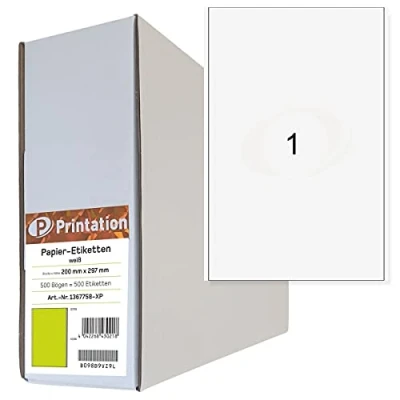 Abbildung von Printation Universal Etiketten 200 x 297 mm (DIN A4) weiß 500 A4 Bogen Bigpack mit selbstklebend bedruckbar Rand 200x297 1x1 Papier Klebeetiketten Haftetiketten Etikettenpapier