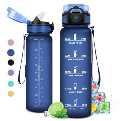 Abbildung von trinkflasche 1000ml, mit Zeitmarkierung, strohhalm, Auslaufsicher Wasserflasche Kohlensäure Geeignet für Fahrrad, Schule, Maedchen, Sport