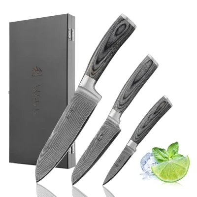Abbildung von Wakoli Edis 3er Damastmesser Set mit Klingenlängen von 8 cm bis 18 I aus 67 Lagen Scharfes Profi Küchenmesser echtem Damaststahl Pakkaholzgriffen &amp; Holzbox