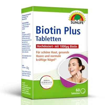 Abbildung von SUNLIFE Biotin Plus 1000 Tabletten 1 x 60 Stück hochdosiert mit Vitamin C &amp; Zink hochwertige gluten laktosefreie Haar Nägel zur täglichen Anwendung