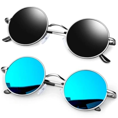 Abbildung von KANASTAL Runde Sonnenbrille Herren und Damen Schwarze Rave Brille Silber Rahmen Classic Retro 90er Style Polarisiert Steampunk Sonnenbrillen mit UV Schutz