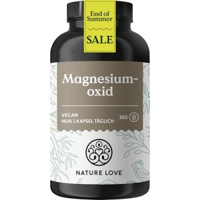 Abbildung von NATURE LOVE® Magnesiumoxid 365 Kapseln 660mg (davon 400mg elementares Magnesium) pro Kapsel laborgeprüft, hochdosiert, vegan, in Deutschland produziert