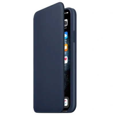 Abbildung von Apple iPhone 11 Pro Max Hülle Echtleder Original Klapphülle Handyhülle Dunkelblau