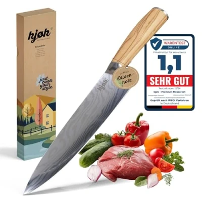 Abbildung von kjøk Premium 20cm Chefmesser in Japan Style Härte 58±2 HRC mit Olivenholz Griff sehr scharfes Kochmesser hochwertiges Küchenmesser 20 cm Profi Chefkochmesser für den Profikoch und Chefkoch
