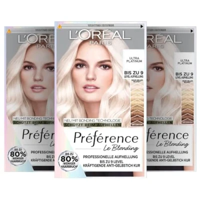 Abbildung von L&#039;Oréal Paris Extrem Aufheller für platin blondes Haar, Mit Anti Gelbstich und Haarbruch Technologie, Permanente Haarfarbe, Préférence Le Blonding, 9L Helles Platinblond, Multipack