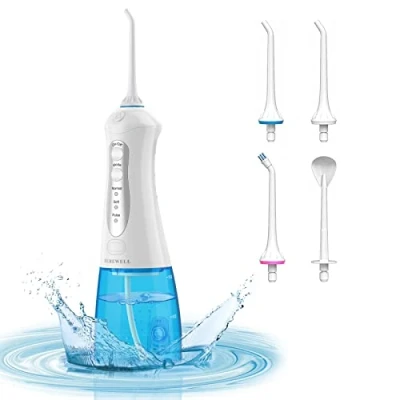 Abbildung von Munddusche TUREWELL Elektrisch Zahnzwischenraumreiniger mit 3 Modi und 4 Düsen,IPX7 Wasserdicht, USB Tragbarer Aufladbarer 300ML Kabellos für Familie Reisen
