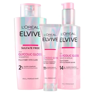 Abbildung von L&#039;Oréal Paris, Elvive Glycolic Gloss, 150 ml Pflegespülung + 200 Shampoo Serum ohne Ausspülen, Set für stumpfes und poröses Haar, intensiver langanhaltender Glanz, 3 Flaschen