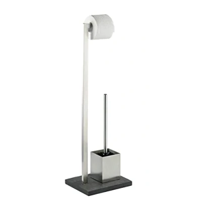 Abbildung von WENKO Stand WC Garnitur Slate Rock, Ständer für Toilettenpapier &amp; Toilettenbürste, Papierhalter in Schiefer Optik, stehender Rollenhalter inkl. Bürste, rostfreier Edelstahl, Anthrazit