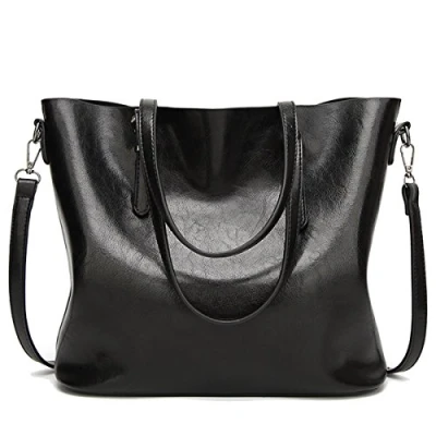 Abbildung von Coolives Damen Tote Shopper Tasche Schultertasche mit Schultergurt Umhängetasche Handtasche aus PU Leder Schwarz EINWEG
