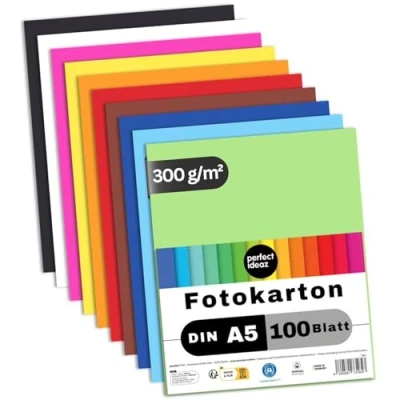 Abbildung von perfect ideaz 100 Blatt Fotokarton DIN A5, 10 Farben, 300 g/m², made in Germany, Blauer Engel zertifiziert