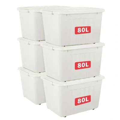 Abbildung von Cetomo 80L*6 Aufbewahrungsboxen mit Deckeln, Kunststoff Aufbewahrungsbox Rollen und Clips, Kunststoffbox für Zuhause Büro, BPA frei, Nestbar, Stapelbar, Weiß, 80L 6er Pack