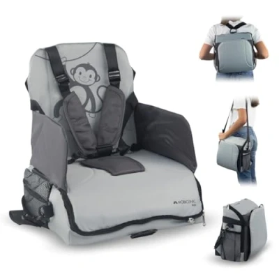 Abbildung von Mobiclinic® Kids, Tragbarer Hochstuhl, Monkey, Europäische Marke, Reisehochstuhl, 6 Bis 36 Monate, 15kg, Faltbar, Verstellbarer 5 Punkt Gurt, mit Aufbewahrung, Hochstuhl baby, Babysitz, Grau