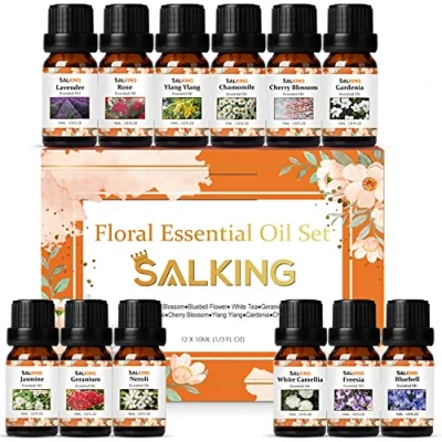 Abbildung von SALKING Ätherische Öle Set, 12x10mL 100% Bio Duftöl GeschenkSet für Diffuser, Lavendel, Rose, Ylang Ylang, Gardenie, Kamille, Jasmin, Geranie, Neroli, Glockenblume, Freesie, weiße Kamelie, Kirschblüte