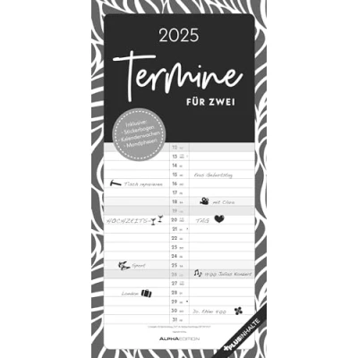 Abbildung von Alpha Edition Termine für 2 Black &amp; White 2025 Familienplaner, 22x45cm, Kalender mit Spalten Termine, Stickerbogen, 100 jährigem Kalender, Ferientermine DE/AT/CH und deutsches Kalendarium