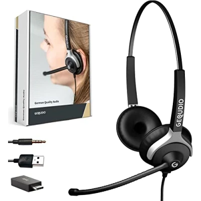 Abbildung von GEQUDIO [3in1 Business Headset mit USB A, C und 3,5mm Klinke kompatibel PC, Mac Smartphone Kopfhörer &amp; Mikrofon Ersatz Polster besonders leicht 80g (2 Ohr)