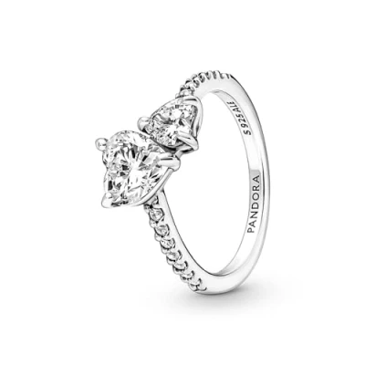 Abbildung von Pandora Timeless Doppel Herz Funkelnder Ring aus 952 Sterling Silber mit klaren Cubic Zirkonia Steinchen 191198C01 56