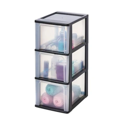 Abbildung von Iris Ohyama, Kunststoff Schubladenbox mit 3 tiefen Schubladen, Schwarz, Easy Pull System, A4, A5 &amp; A6 Format, Schreibtisch Organizer für Büro, Schule, Schreibwaren, BPA frei, Schubladenschrank,